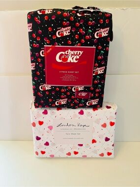 Cherry Coke & London Kaye Twin Size Sheet Set Lot of 2 Cherries Heart Lollipops